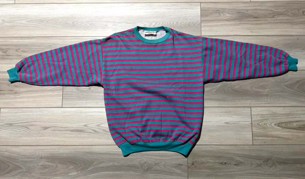 Vintage 80s Bloomingdale's Y.E.S. Pink Teal Striped Crewneck Sweatshirt Retro